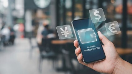 Hand Holding Smartphone Displaying Digital Wallet Interface with Floating Currency Icons for Global Transactions