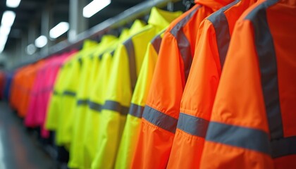 Bright orange, yellow high visibility jackets hang in row on hangers. Safety vests with reflective stripes ready for workers, ensuring visibility on job sites. Protective garments essential workwear.