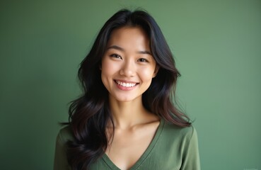 Fototapeta premium Young asian woman smiles warmly directly at camera, her dark wavy hair framing her face. She wears simple olive green top against matching green backdrop. Her expression is joyful and friendly.