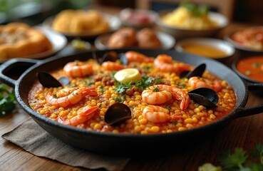Large pan of seafood paella with shrimp, mussels served on wooden table with Spanish dishes. Flavorful saffron rice dish garnished with lemon, herbs. Perfect for culinary content, restaurant menus,