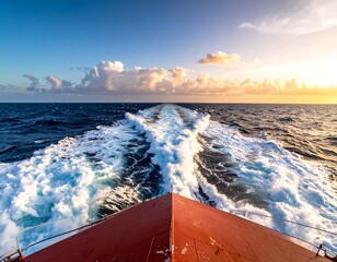 Ship Sailing on Open Sea at Sunset.