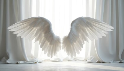 Pair of fluffy white angel wings rests against soft white curtains. Light shines through feathers creating ethereal glow. Ideal for fantasy themes, digital art, or cosplay.