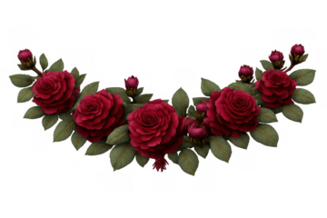 Red rose floral arch creating elegant borders with blooming flowers and green leaves, transparent background