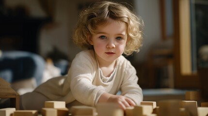 A child learning through play with educational toys on the floor, blending early childhood education with creativity and exploration. cinematic color correction, natural uneven lighting yet gentle