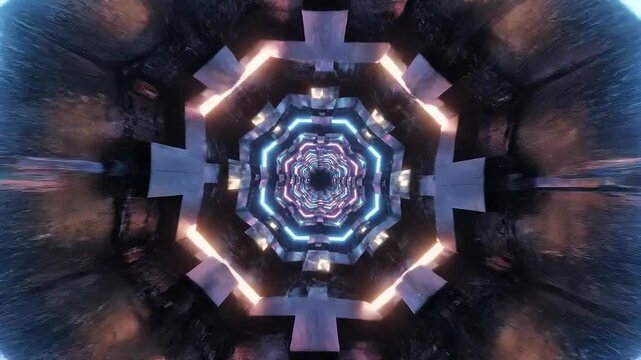Abstract Neon Tunnel with Geometric Patterns and Glowing Lights.
