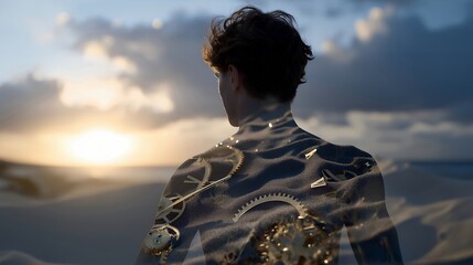 A human silhouette double-exposed with flowing sand transitioning into clock mechanisms, symbolizing time pressure, productivity, and life balance. cinematic color correction, natural uneven