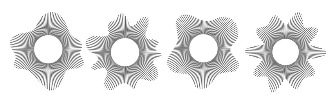 Radial sound wave vector set. Circular audio music icons, round voice symbols, flat equalizer logos, ring spectrum patterns for UI design, branding, web, isolated on white background
