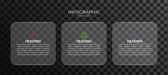 Modern three-step infographic template with rounded transparent cards, colorful icons, and clean minimalist design for business workflow and presentations.