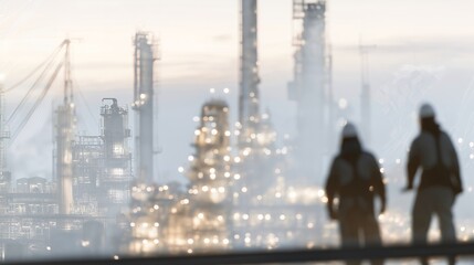 An oil refinery silhouette double-exposed with pipeline networks and pressure maps, illustrating energy production, industrial systems, and resource management. cinematic color correction, natural