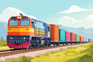 Fototapeta premium Freight train transporting colorful cargo containers across scenic landscape with mountains and blue sky, showcasing industrial transportation and vibrant colors