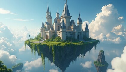 Majestic castle floats on island in sky above clouds. Rich green grass covers floating landmass, with vines hanging down. Blue sky surrounds the fantastical architecture. Dreamy scene.