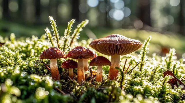 Closeup of a cluster of wild mushrooms growing on mossy ground in a forest.