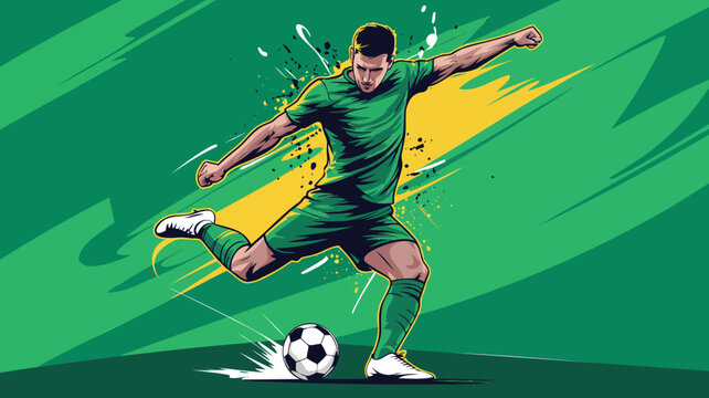 Dynamic soccer player kicking a ball in action pose illustration
