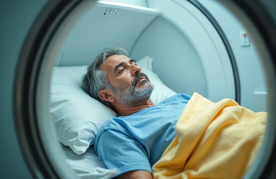 Mature man lies in hyperbaric oxygen therapy chamber receiving treatment. Patient receives healing in futuristic medical machine for recovery and rehabilitation. Calm indoor procedure aids wellness.