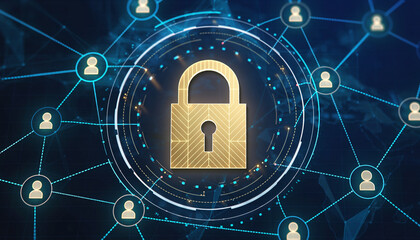 Digital Fortress: A conceptual digital artwork depicts a secure padlock at the center of a network, symbolizing online safety, privacy, and data protection.
