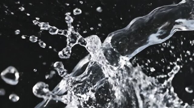Dynamic Water Splash and Flow on Black Background.