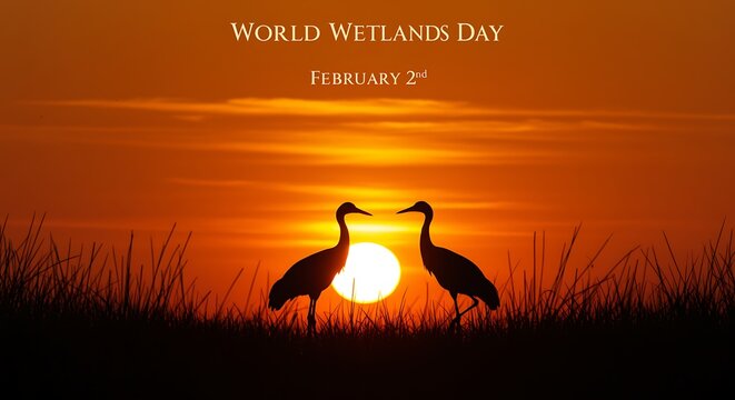 World Wetlands Day Sunset Birds Silhouette - Powered by Adobe