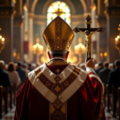 catholic pope holding up a processional crucifix
