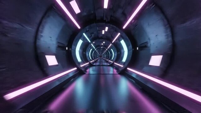 Futuristic Neon Tunnel with Glowing Lights and Reflections.