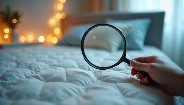 Hand with magnifying glass searches mattress for bedbugs in cozy bedroom. Searching for pest infestation. Check for bugs, insects, or dirt on bed linen. Inspecting bedding for cleanliness.