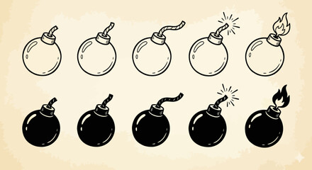 Bomb icon set showing fuse stages from unlit to burning in outline and solid styles