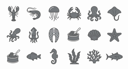 Seafood and marine animals icon set with fish, lobster, crab, octopus, and seaweed © johndaly