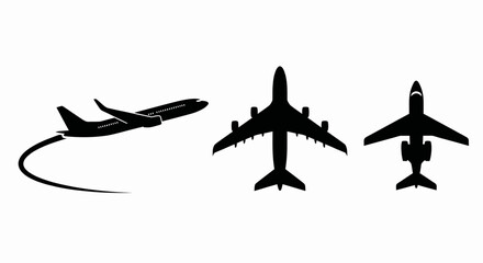 Black airplane silhouette icons in different views including takeoff and top view © johndaly