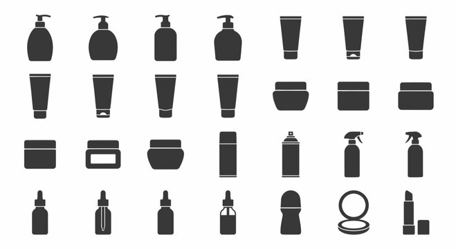 Cosmetic and skincare containers silhouette icon set with bottles, tubes, jars, and spray