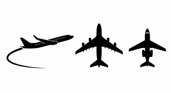 Black airplane silhouette icons in different views including takeoff and top view