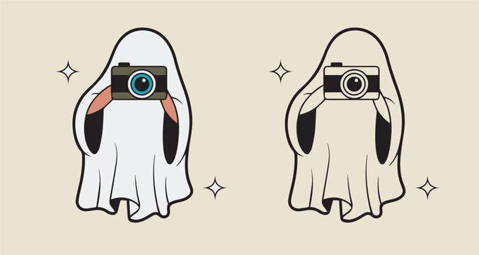 Two friendly ghosts holding cameras with big eyes and sparkles on beige background
