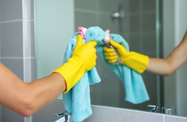 Person with yellow gloves sprays cleaning liquid on bathroom mirror and wipes surface with blue cloth. Hygiene routine for shiny spotless glass in modern home.
