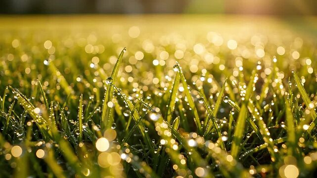 Morning Dew Drops on Green Grass Blades in Golden Sunlight.