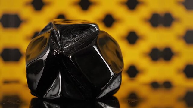 Polished Black Obsidian Stone with Reflective Surface on Yellow Background.