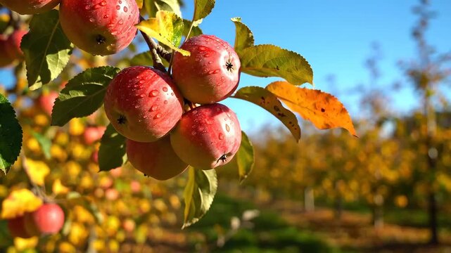 Red Apples Hanging on a Tree Branch in an Orchard on a Sunny Autumn Day.