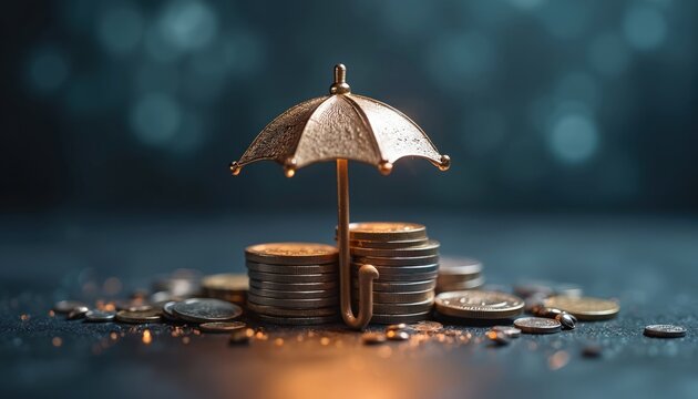 Golden umbrella shields stacked coins and loose currency on dark surface. Represents financial safety stability wealth investment growth asset protection. Conceptual finance idea.
