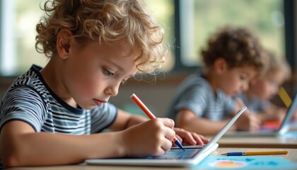 Young boy draws on tablet with stylus in classroom. Children use tech for learning and creative art lessons. Future gen learns digital skills at school with modern devices.