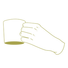 Original illustration of a hand with a cup of tea, hot chocolate or coffee, a vintage ink line drawing for cards, menus, cafes, baristas, tea houses or graphic design.