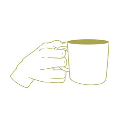 Original illustration of a hand with a cup of tea, hot chocolate or coffee, a vintage ink line drawing for cards, menus, cafes, baristas, tea houses or graphic design.