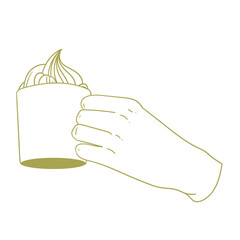 Original illustration of a hand with a cup of tea, hot chocolate or coffee, with cream, a vintage ink line drawing for cards, menus, cafes, baristas, tea houses or graphic design.