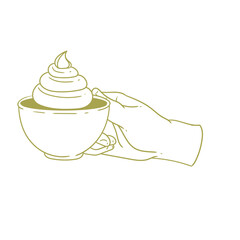 Original illustration of a hand with a cup of tea, hot chocolate or coffee, with cream, a vintage ink line drawing for cards, menus, cafes, baristas, tea houses or graphic design.