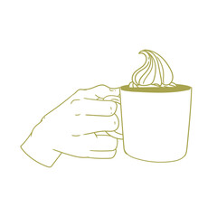 Original illustration of a hand with a cup of tea, hot chocolate or coffee, with cream, a vintage ink line drawing for cards, menus, cafes, baristas, tea houses or graphic design.
