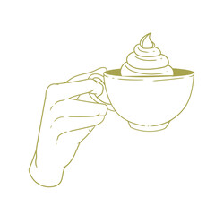 Original illustration of a hand with a cup of tea, hot chocolate or coffee, with cream, a vintage ink line drawing for cards, menus, cafes, baristas, tea houses or graphic design.