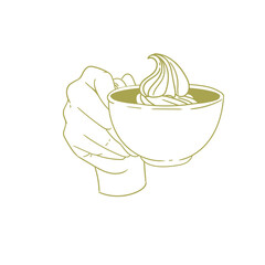 Original illustration of a hand with a cup of tea, hot chocolate or coffee, with cream, a vintage ink line drawing for cards, menus, cafes, baristas, tea houses or graphic design.