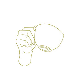 Original illustration of a hand with a cup of tea, hot chocolate or coffee, a vintage ink line drawing for cards, menus, cafes, baristas, tea houses or graphic design.