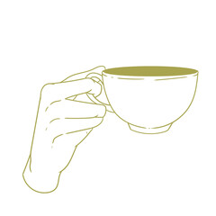 Original illustration of a hand with a cup of tea, hot chocolate or coffee, a vintage ink line drawing for cards, menus, cafes, baristas, tea houses or graphic design.