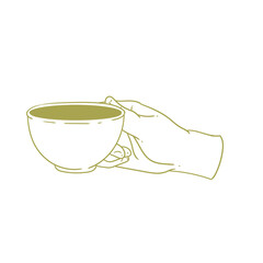 Original illustration of a hand with a cup of tea, hot chocolate or coffee, a vintage ink line drawing for cards, menus, cafes, baristas, tea houses or graphic design.