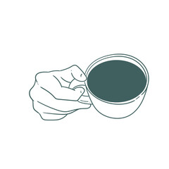 Original illustration of a hand with a cup of tea, hot chocolate or coffee, a vintage ink line drawing for cards, menus, cafes, baristas, tea houses or graphic design.