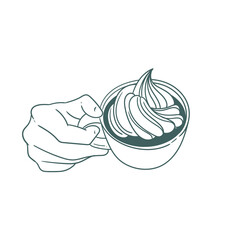 Original illustration of a hand with a cup of tea, hot chocolate or coffee, with cream, a vintage ink line drawing for cards, menus, cafes, baristas, tea houses or graphic design.