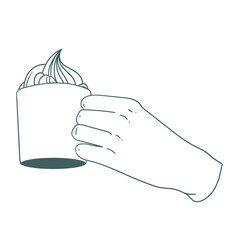 Original illustration of a hand with a cup of tea, hot chocolate or coffee, with cream, a vintage ink line drawing for cards, menus, cafes, baristas, tea houses or graphic design.