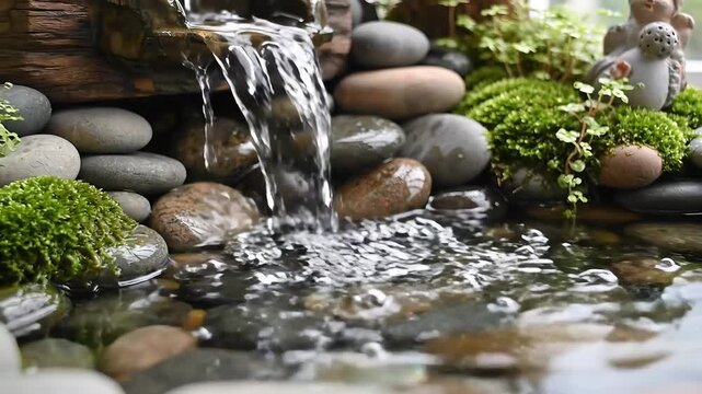 Serene Waterfall Flowing Over Smooth Stones in Lush Greenery.